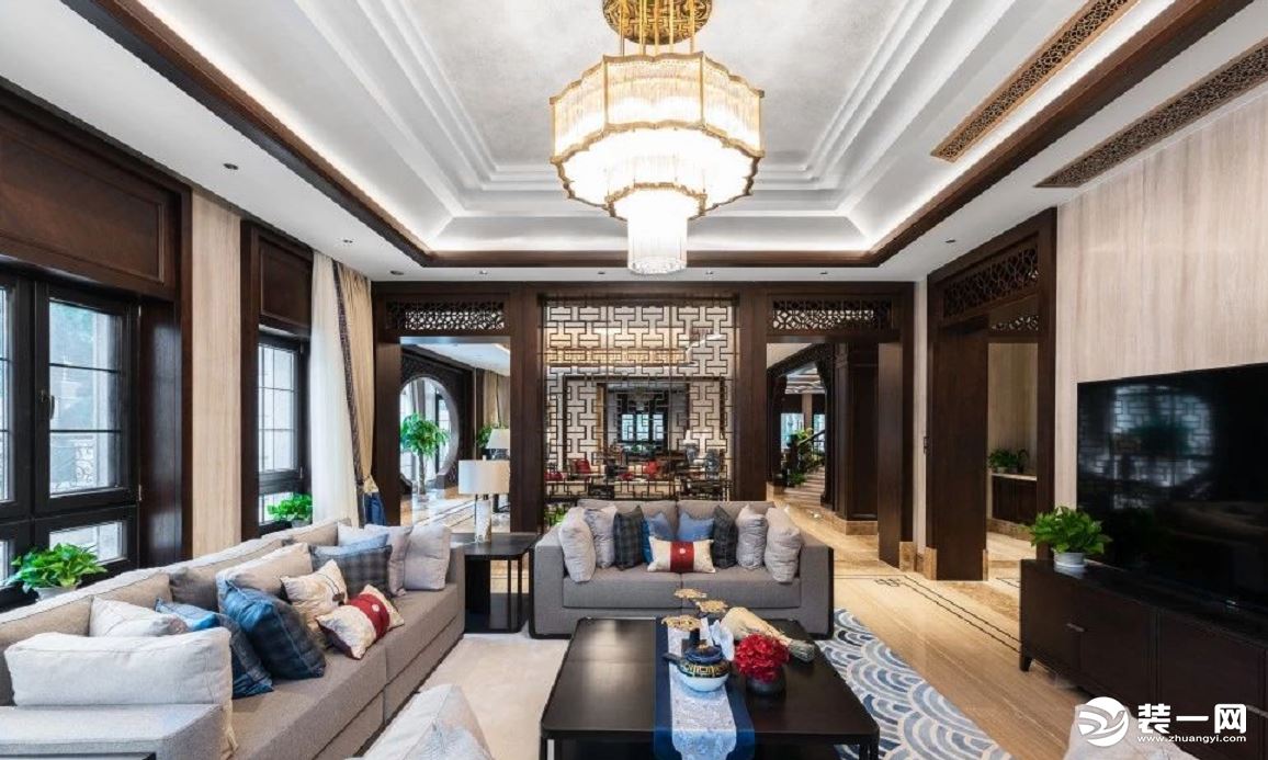 新中式风格2000平米别墅大宅装修实景图片—居家客厅