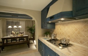地中海風格廚房裝修圖片大全--一字型開放式廚房
