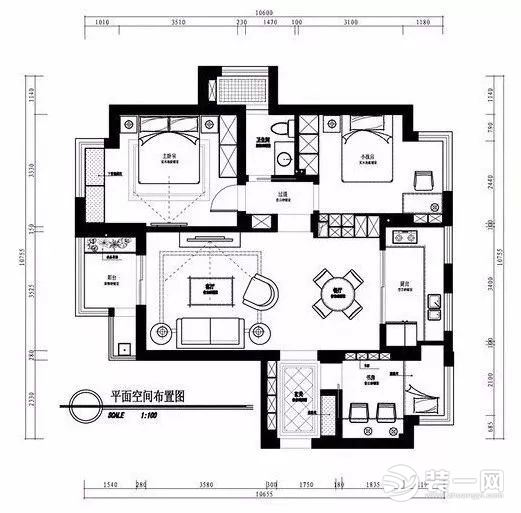 90平二居室现代美式平面设置图