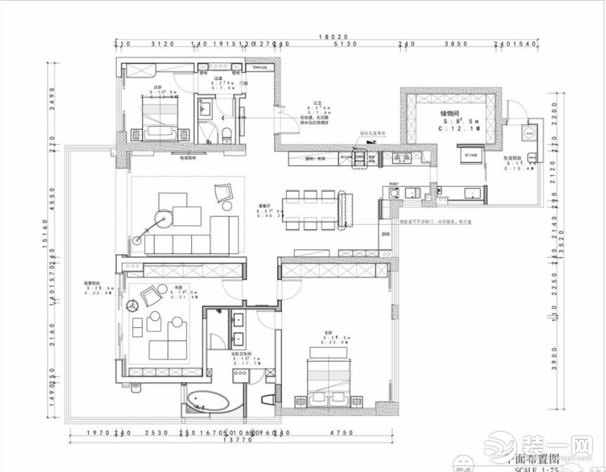 保利中央海岸220平简约风格之平面布置图