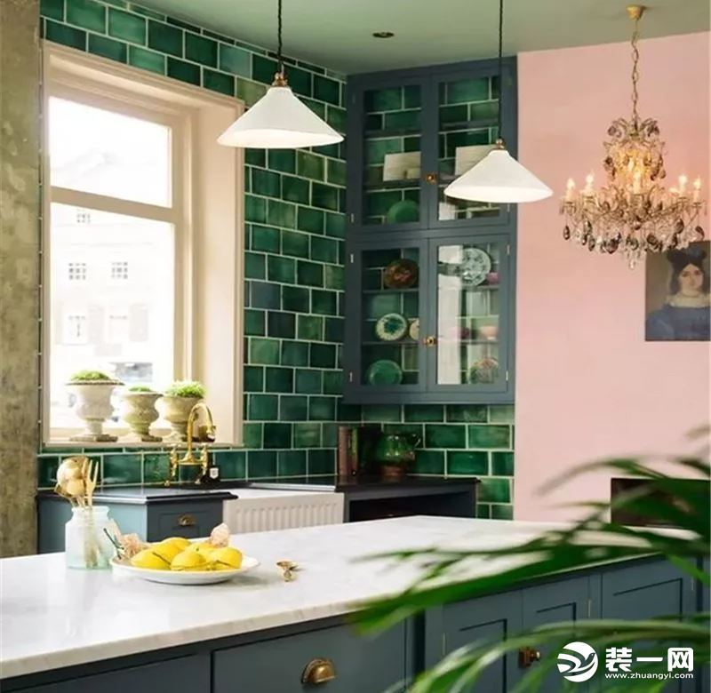 最新流行装修设计颜色幽绿色厨房装修效果图