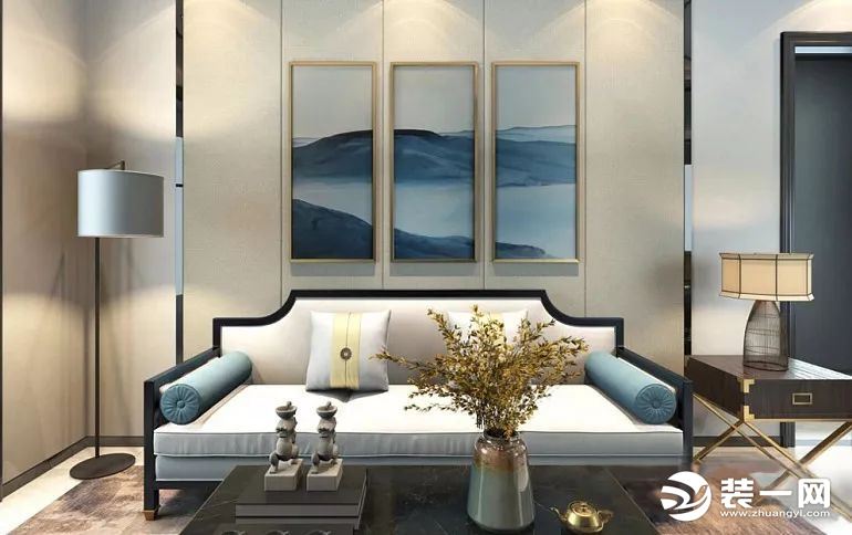 新中式沙发墙设计挂画效果图