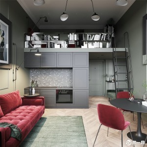 超精致的北欧loft小公寓 - 红绿色系的经典搭配丨装修