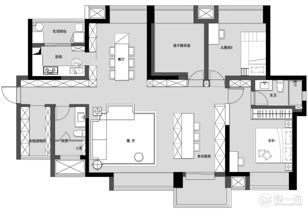 135平米三居室装修设计户型图