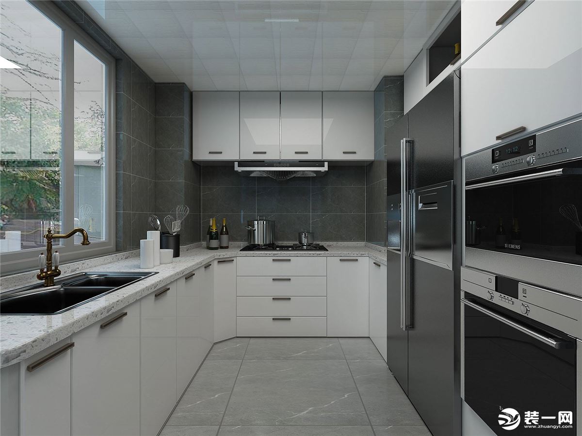 现代黑白灰u型厨房设计