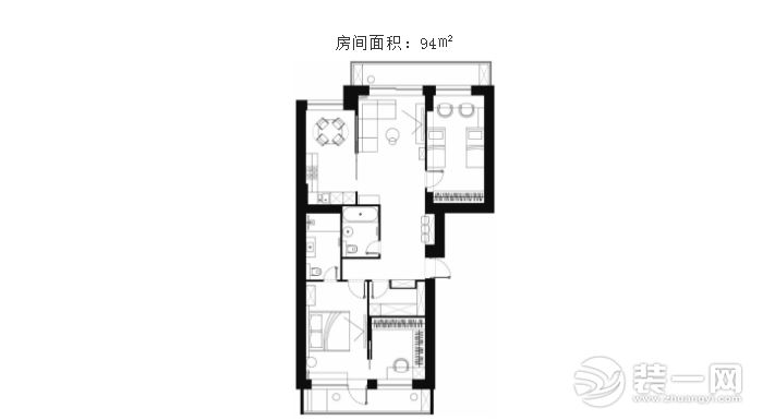 94平两室两厅两卫平面户型图