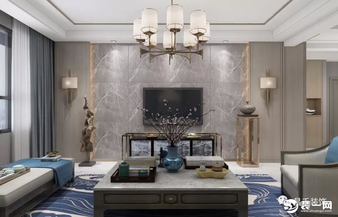 银川昌禾装饰海珀兰轩168平米新中式风格设计客厅电视背景墙效果图