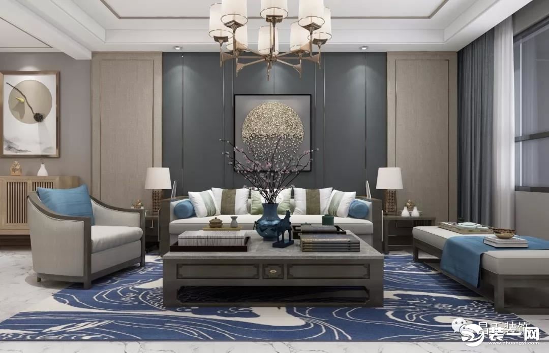银川昌禾装饰海珀兰轩168平米新中式风格设计客厅沙发背景墙效果图