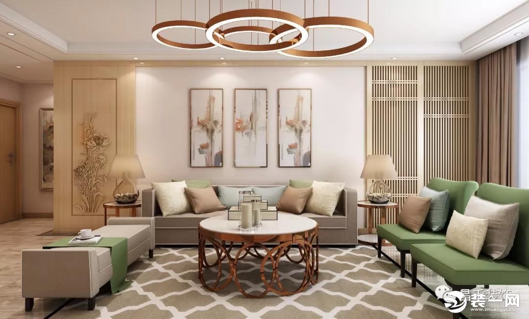 银川昌禾装饰海珀兰轩148平米现代中式风格设计客厅沙发背景墙效果图