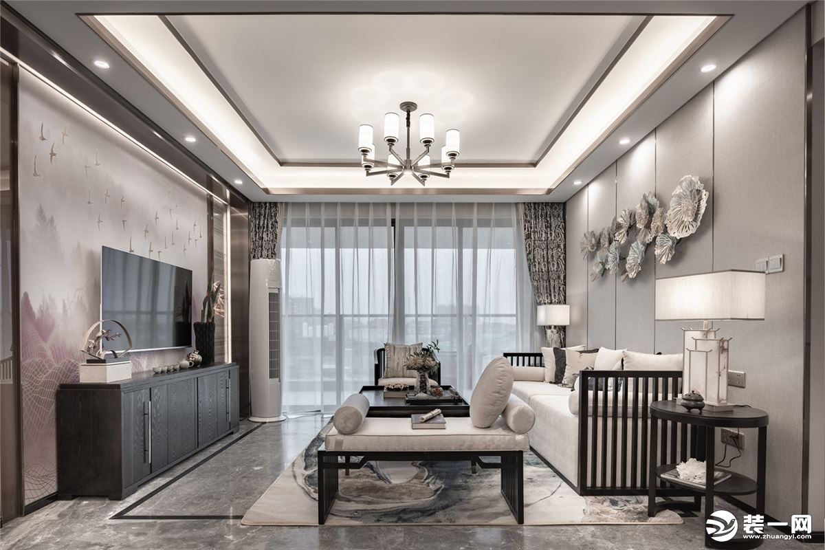 廊坊香河铭佳装饰120平米二居室新中式风格设计客厅效果图