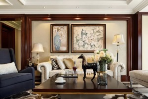 大户型复古轻奢英式装修风格效果图之客厅沙发背景墙装修