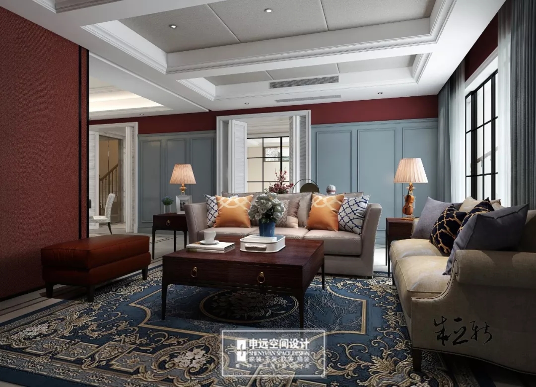 深圳申远空间设计新美式风格设计会客厅装修效果图