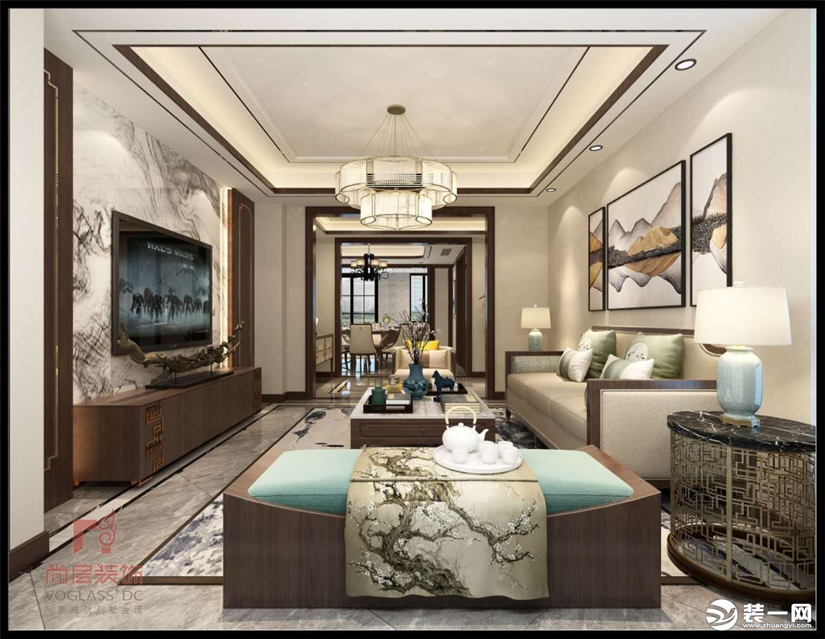 黄山尚层装饰富辰诚园200平米新中式风格客厅效果图