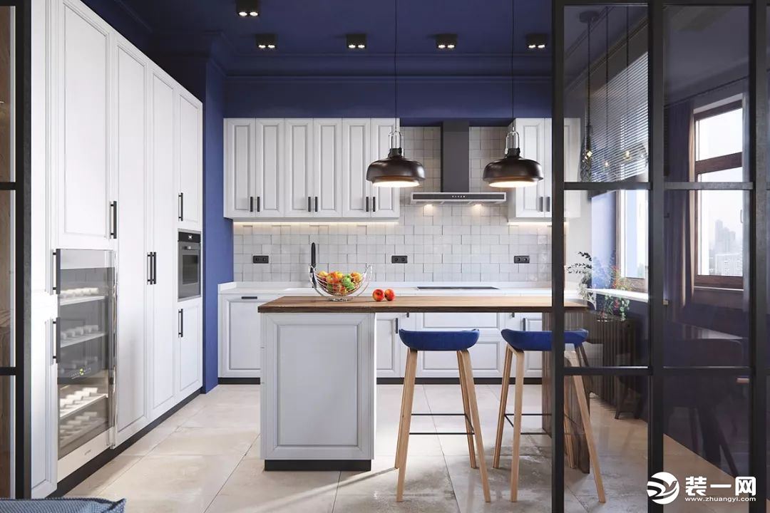 蓝色系开放式厨房装修效果图