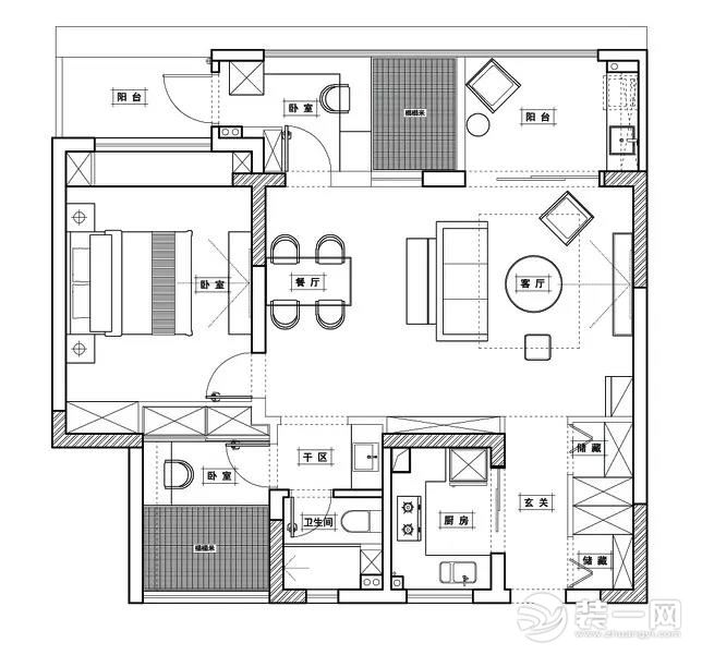100平米三居室户型图
