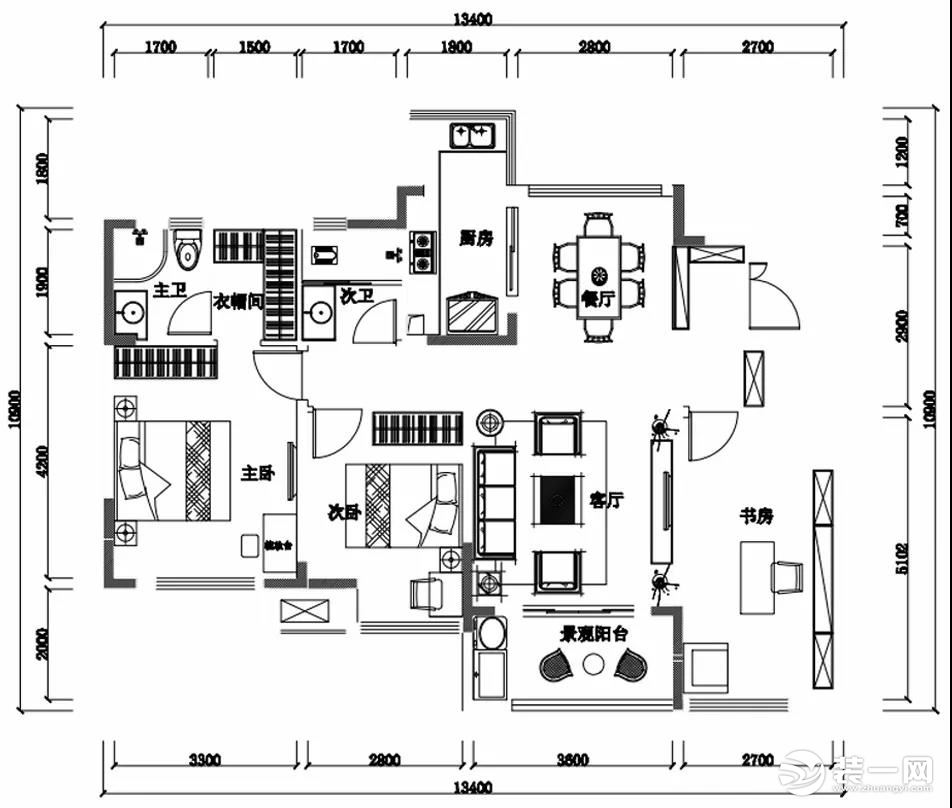 重庆美的家装饰九里晴川95平米三居室户型图