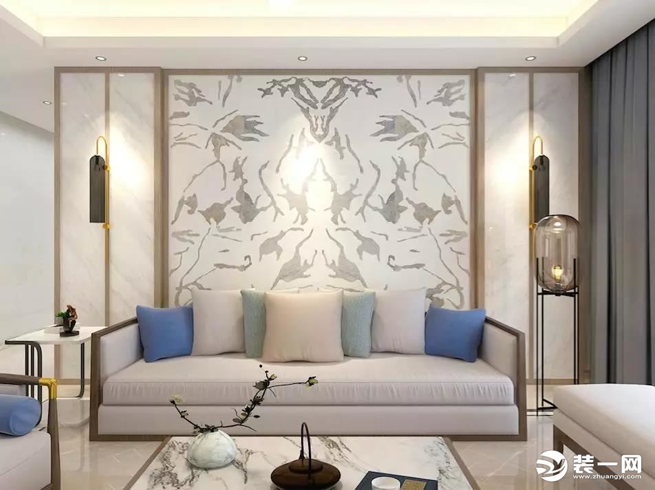 新中式高端住宅装修设计客厅沙发墙装修效果图