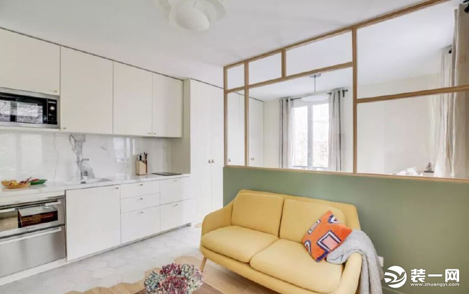31㎡一字型小公寓抹茶绿透明隔断设计效果图