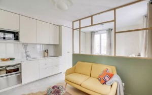 31㎡一字型小公寓抹茶绿透明隔断设计效果图
