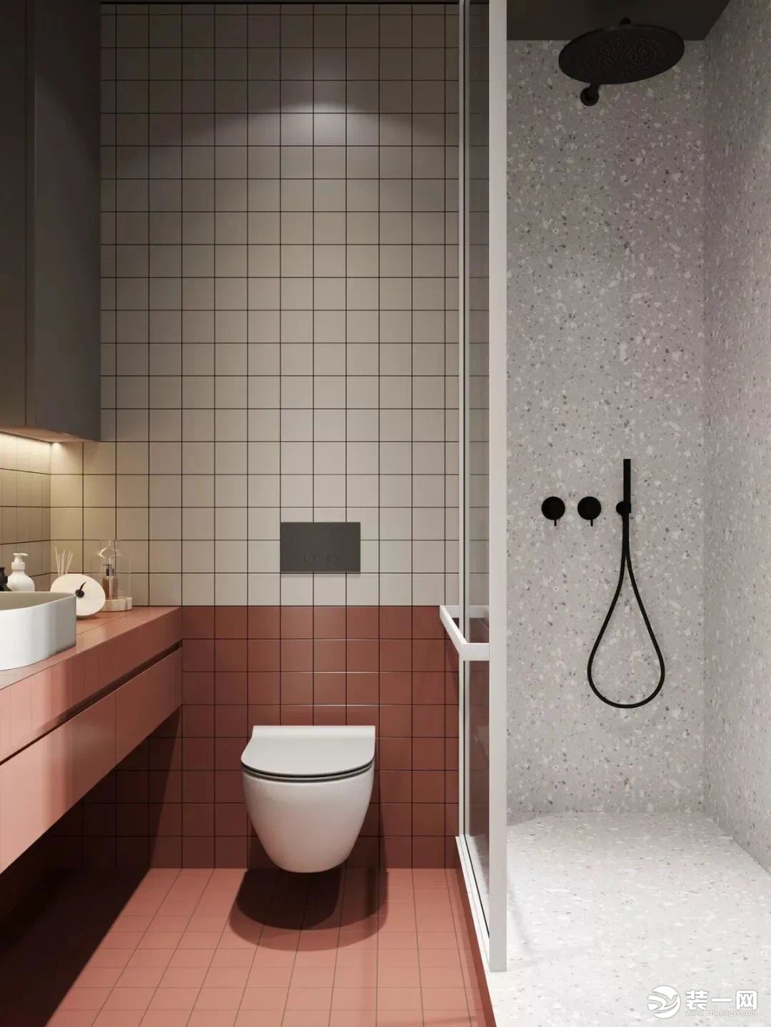 彩砖+水磨石设计卫生间效果图