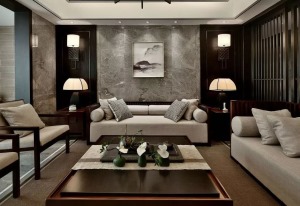新中式风格沙发背景墙效果图