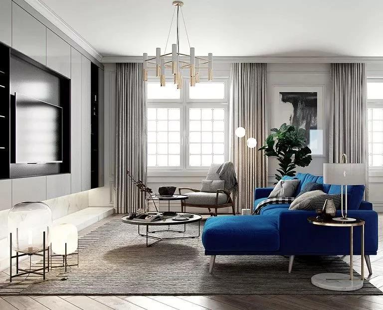 优雅蓝色系客厅沙发设计效果图
