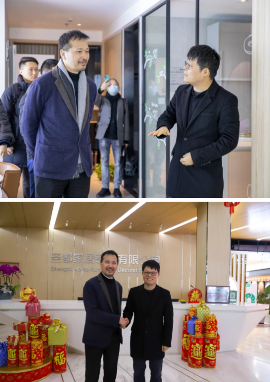  左：公牛集团董事长兼总裁阮立平先生 右：圣都家装董事长颜伟阳先生