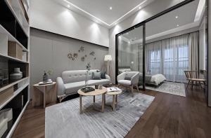 50平現代簡約客廳+木地板+無主燈+電視墻收納+樓梯一體式設計