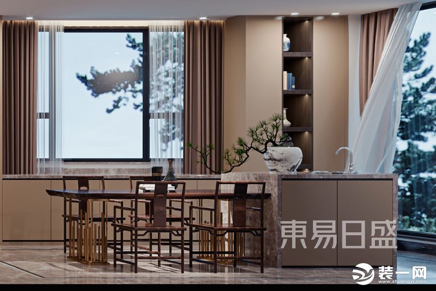 无锡江阴幸福华都580平别墅 新中式一层餐厅效果图