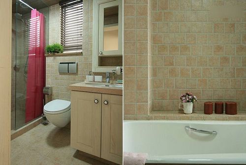 家里设有两个卫浴空间，左图的为公共卫浴空间，右图的为主卧浴室。同样以淡黄色的地砖、墙面砖、柜体打造而成，配合全屋的基本色调。